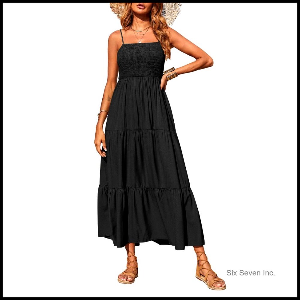 Summer Maxi Dress Boho Tiered Sleeveless Smocked Spaghetti Strap Casual Beach